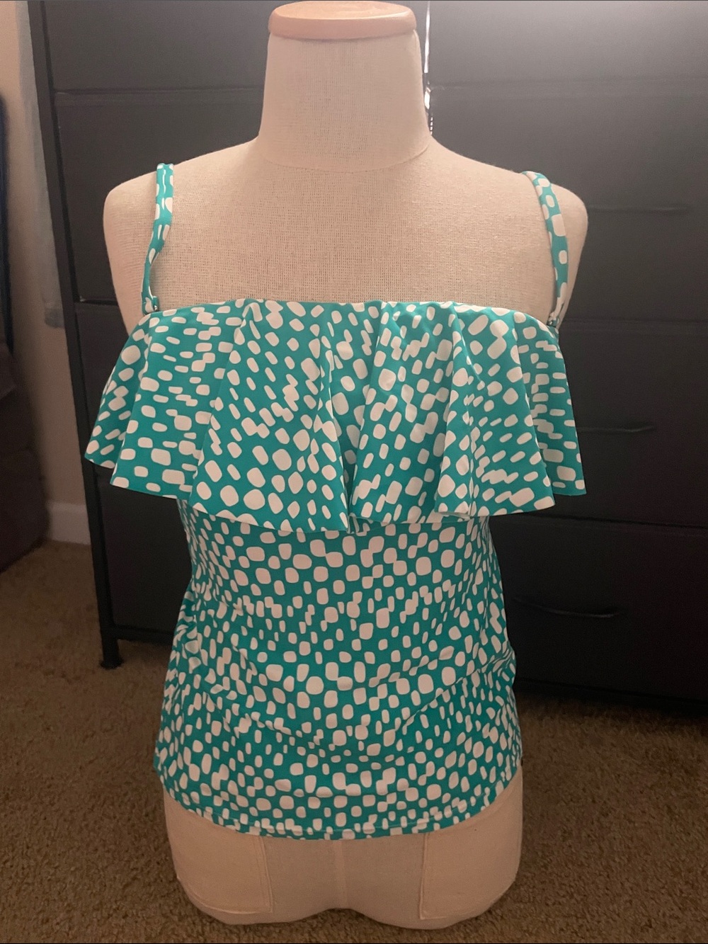Teal and White Dot Ruffle Camisole swim Top - Women's